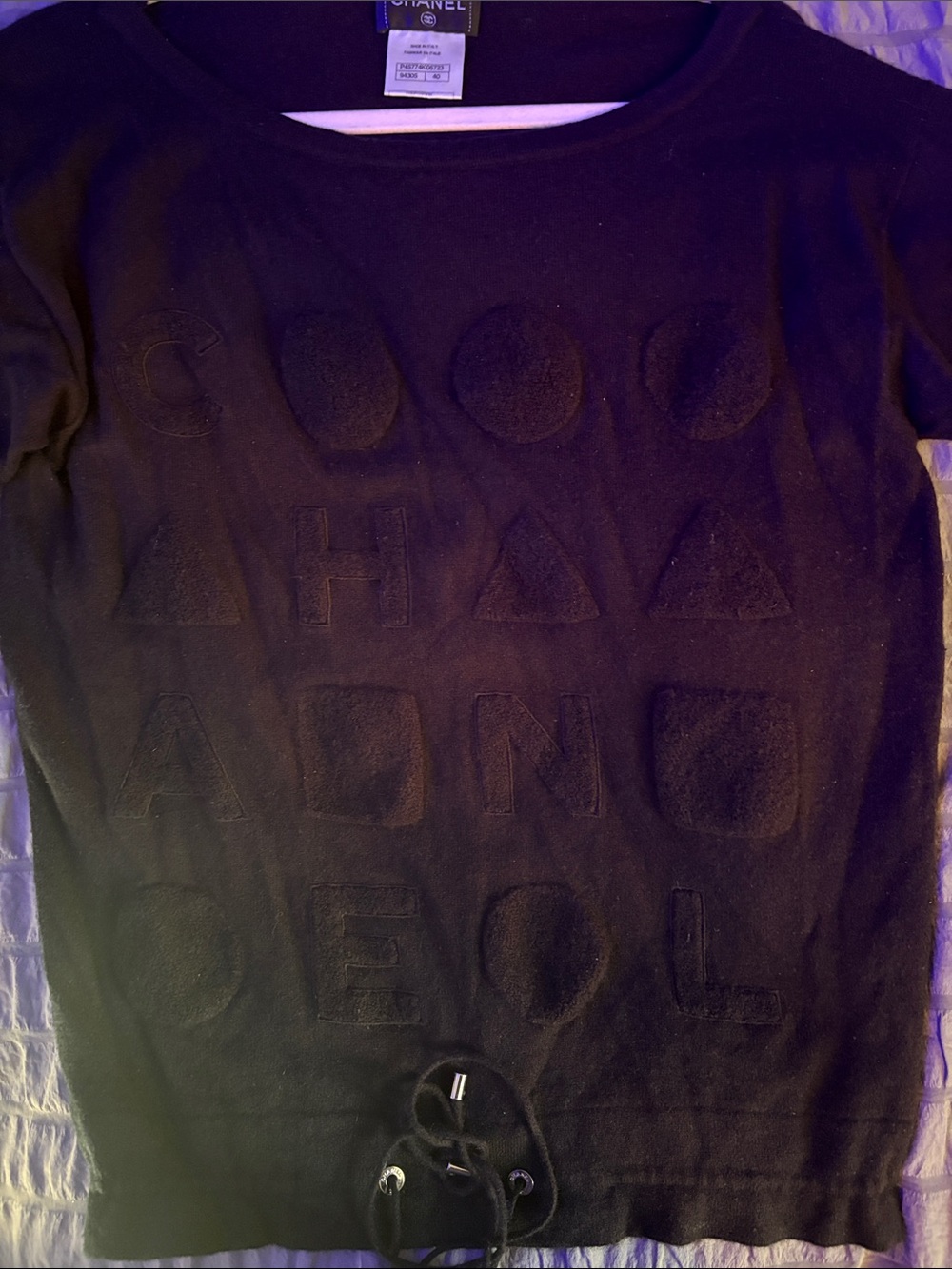 CHANEL Black Embossed Logo Crewneck Sweater